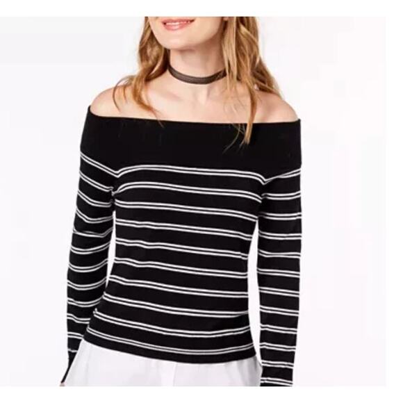 INC International Concepts Sweaters - INC International Concepts B/W Striped Off Shoulder Layered Sweater Shirt, Sz L
